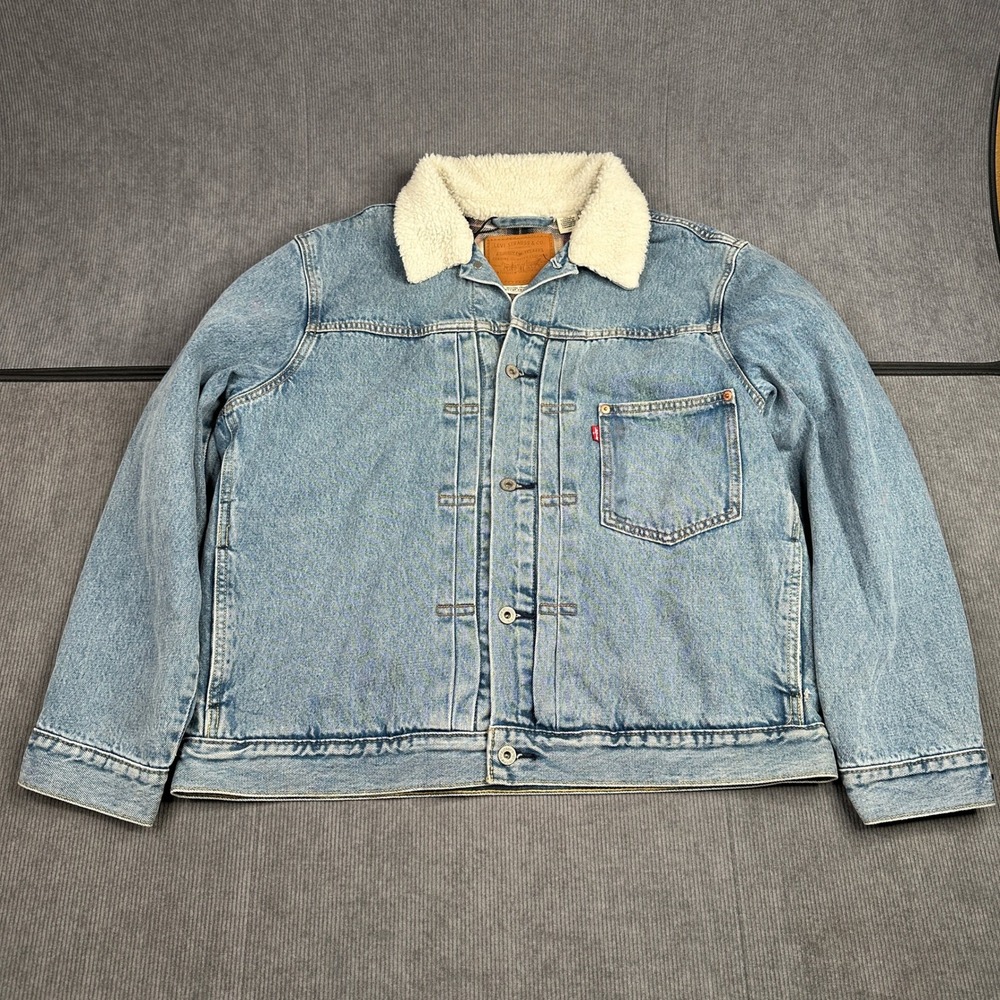 NWT Levis Premium Type I Sherpa Trucker Jacket Light Wash Plaid Lined A4080 L